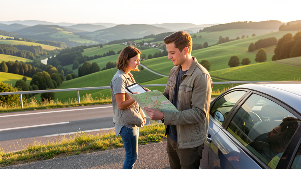 Travelers at a scenic German roadside viewpoint